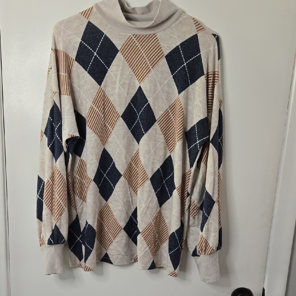 Maurices Women's Turtleneck Sweater - Cream, Navy, and Brown Argyle
